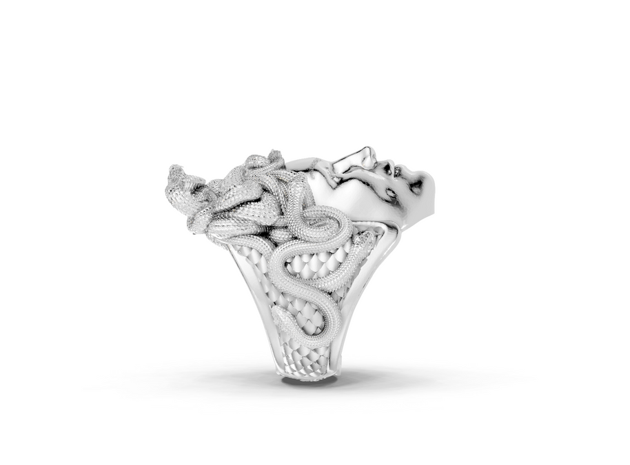 Silver ring with intricate design on a white background