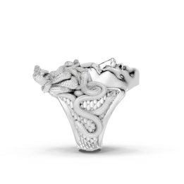 Silver ring with intricate design on a white background