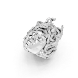 Silver pendant with intricate design on a white background