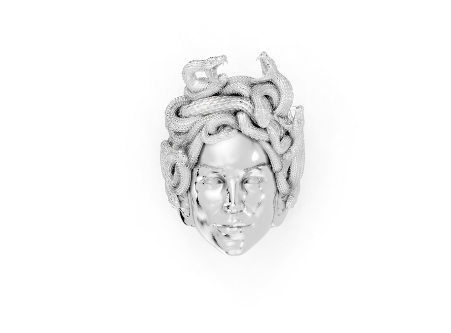Silver pendant with Medusa head design on a white background