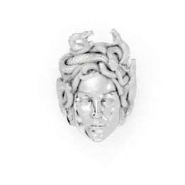 Silver pendant with Medusa head design on a white background