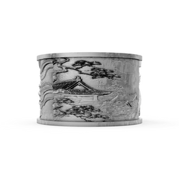 Decorative cylindrical object with engraved design on a white background