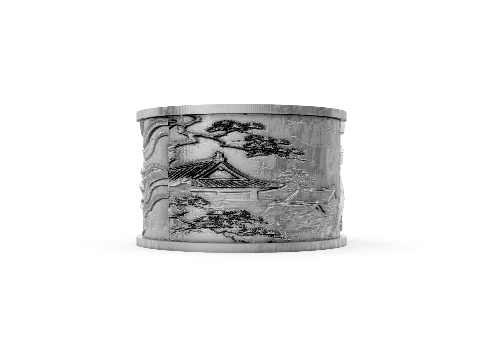 Decorative cylindrical object with engraved design on a white background