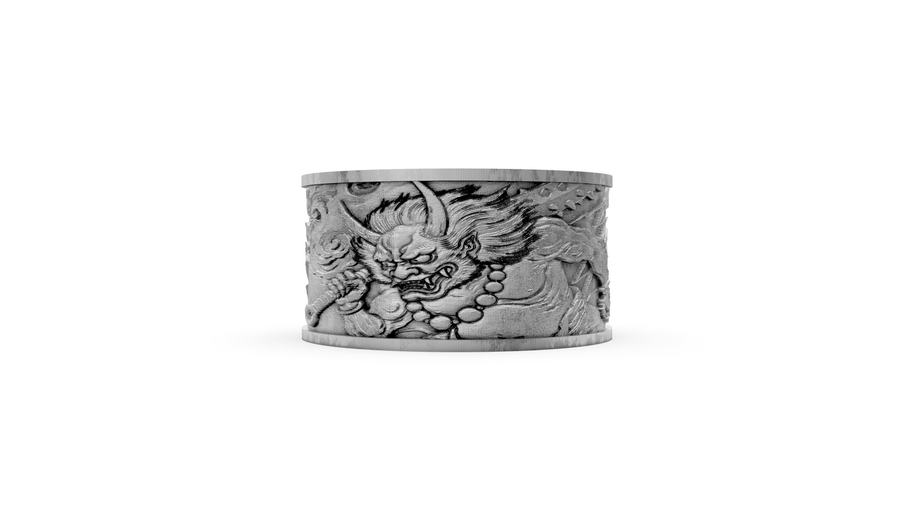 Silver ring with dragon design on a white background