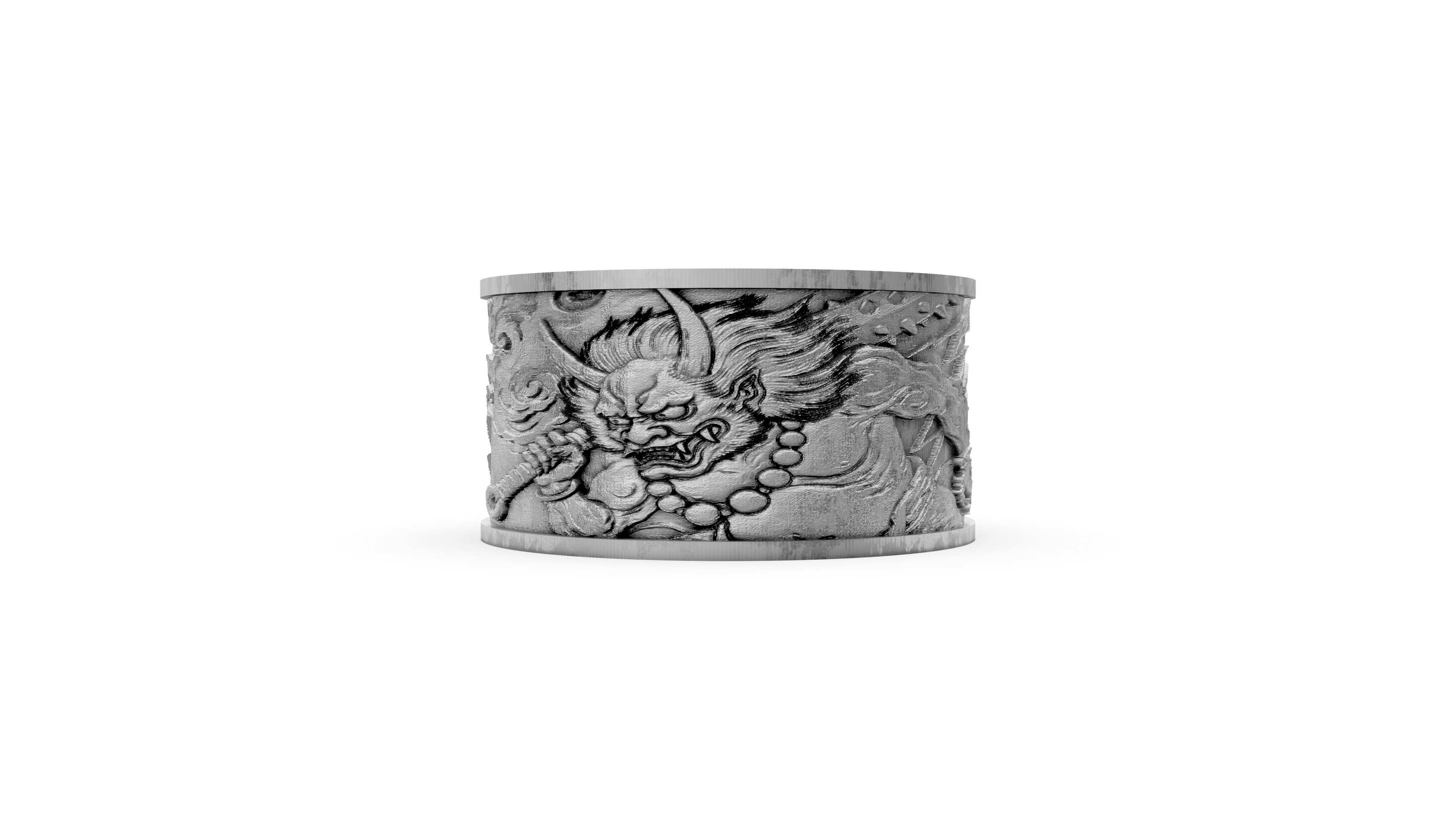 Silver ring with dragon design on a white background