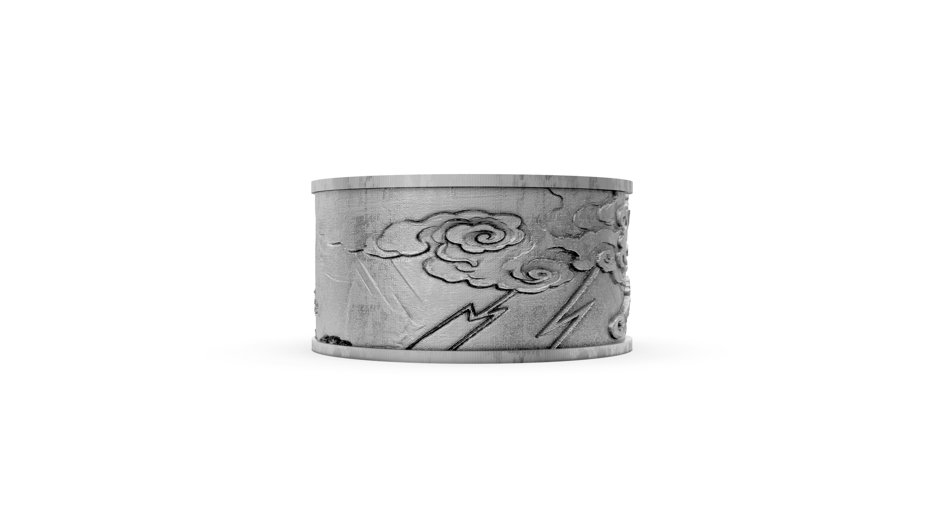 Silver cuff bracelet with engraved design on a white background