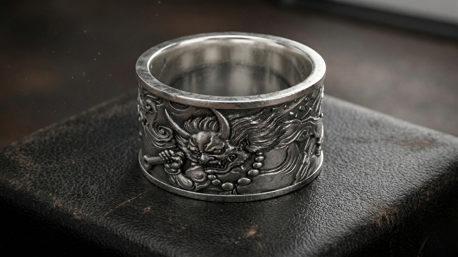 Silver ring with intricate designs on a dark surface