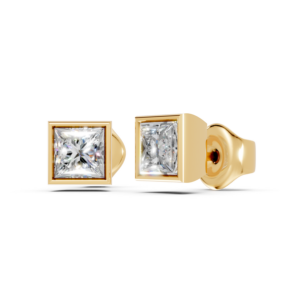 princess bezel studs gold side angled
