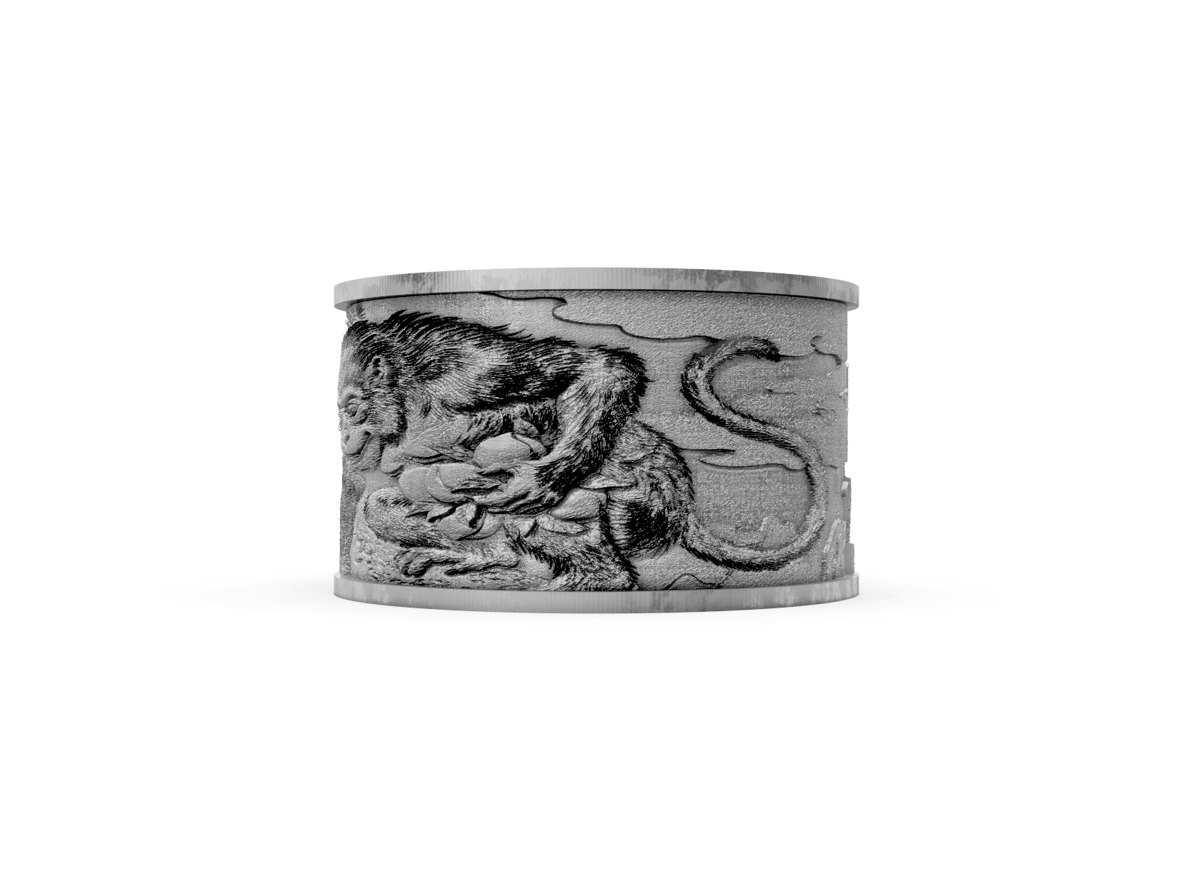 Silver cuff bracelet with a monkey design on a white background