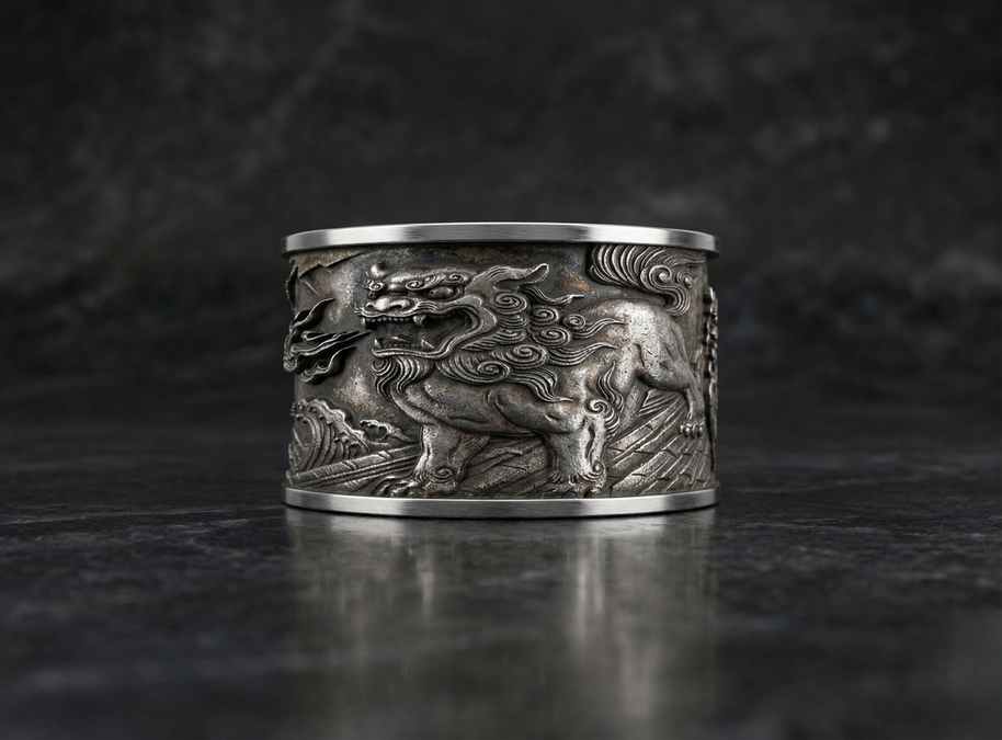 Silver bracelet with dragon design on a dark background