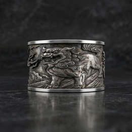 Silver bracelet with dragon design on a dark background