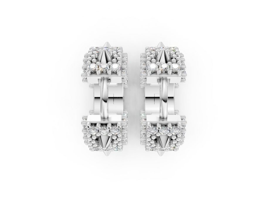 Pair of silver hoop earrings with small diamonds on a white background
