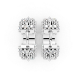 Pair of silver hoop earrings with small diamonds on a white background
