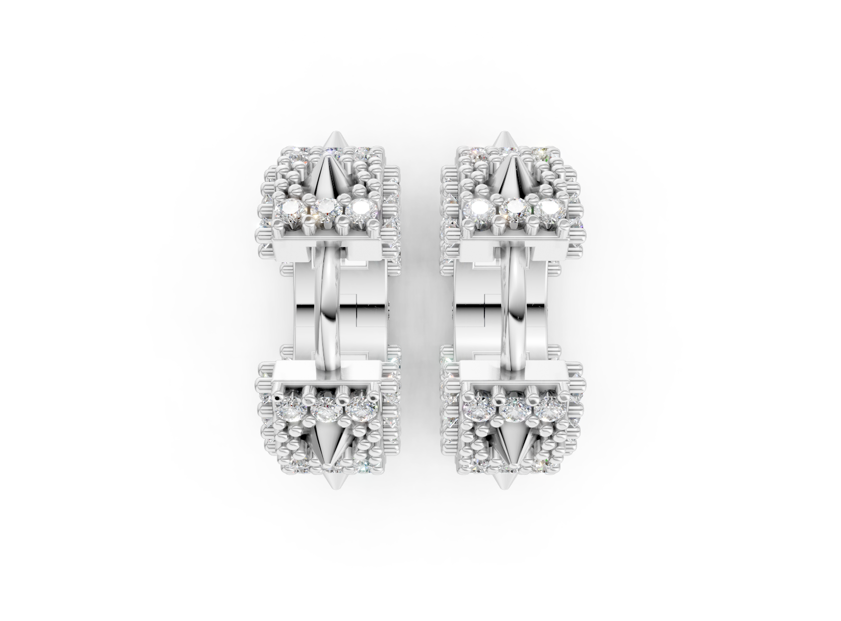 Pair of silver hoop earrings with small diamonds on a white background