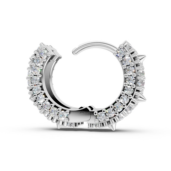 Silver hoop earring with clear gemstones on a white background