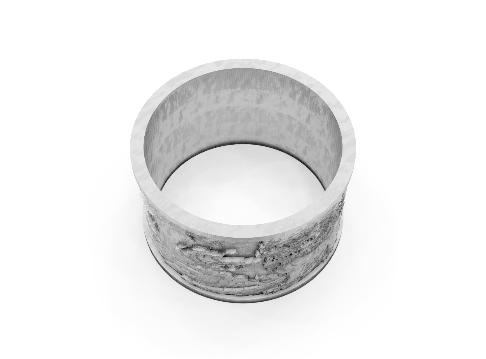 Silver ring with a textured band on a white background